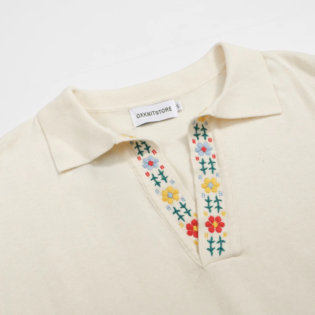 Men's 70s Embroidered Knit Pullover – Cream Retro Sweater with Floral Collar Detail - Image 9