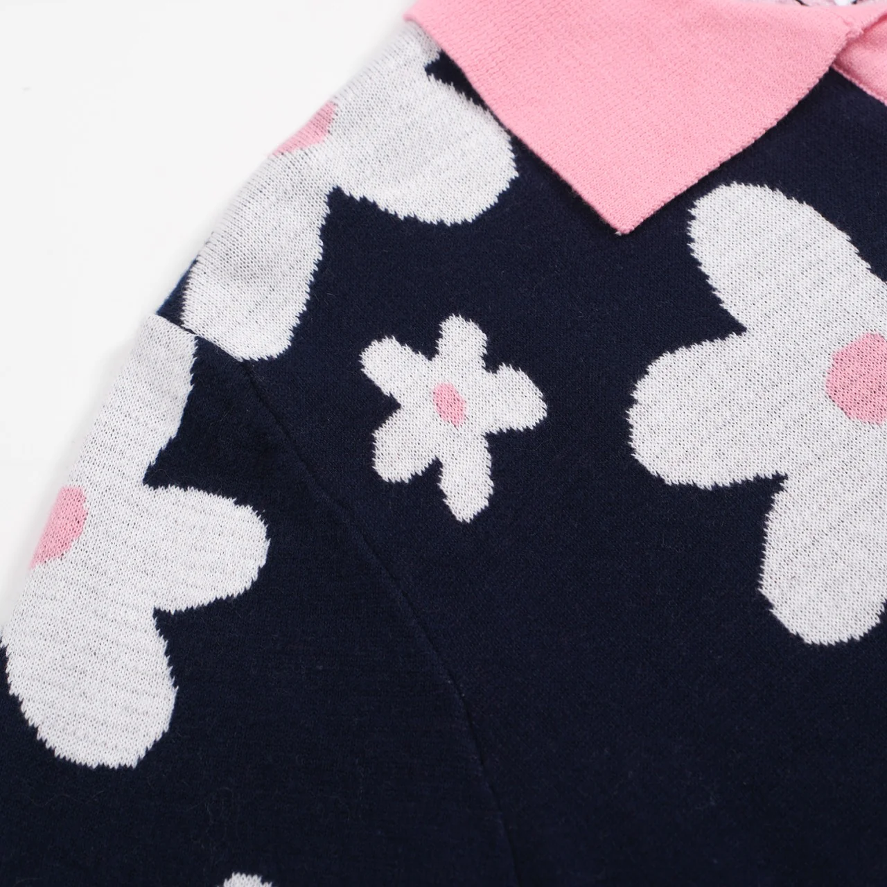 Men's 70s Navy Daisy Knit Polo – Retro Pink Collar - Image 5