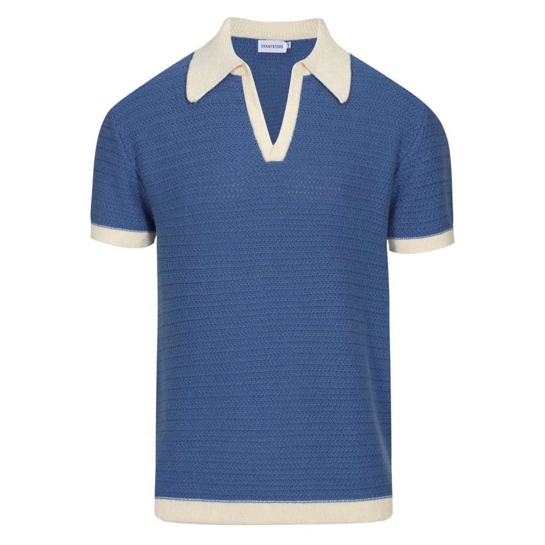 Men's 70s Knit Polo Shirt – Wide Collar Retro Short Sleeve in Navy Blue