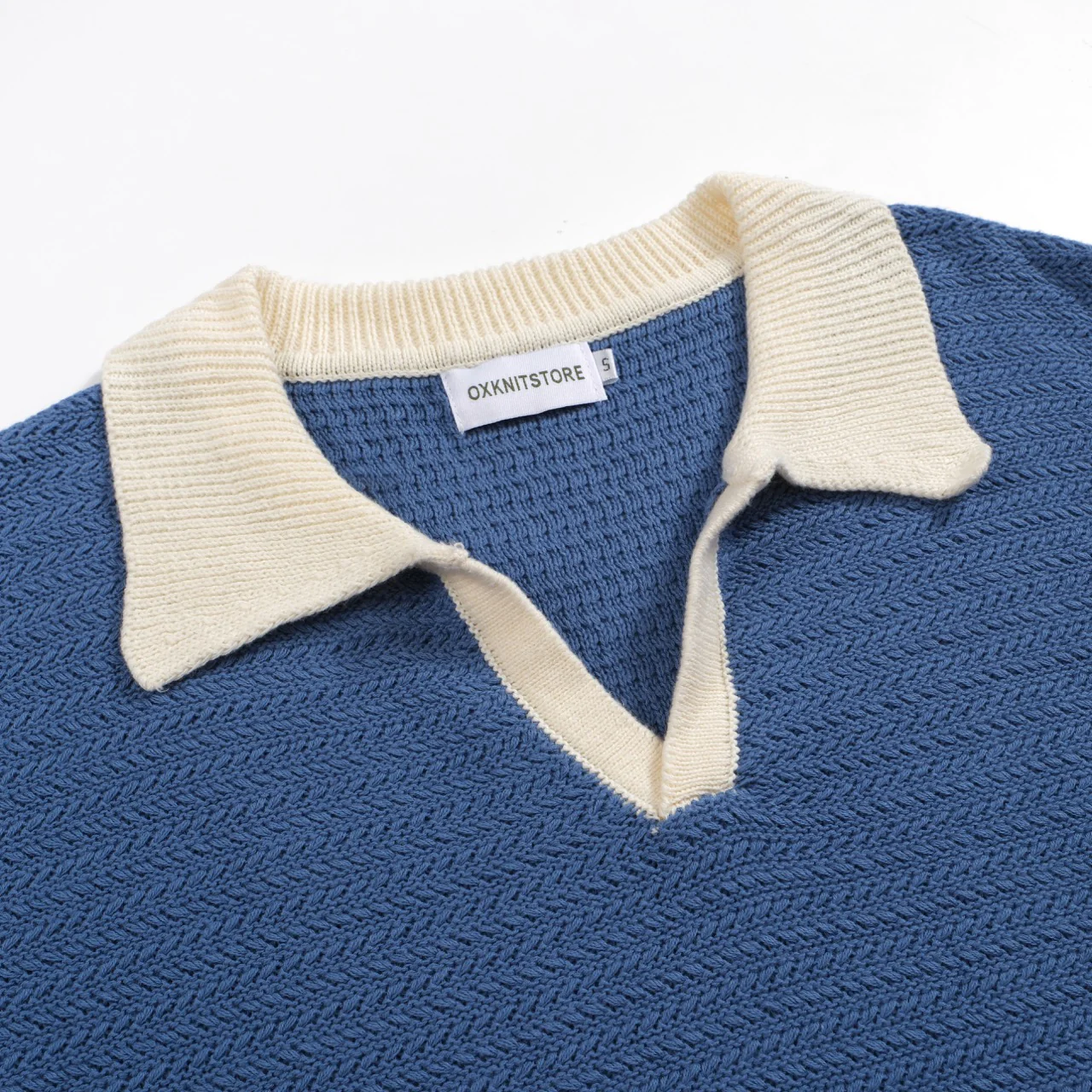 Men's 70s Knit Polo Shirt – Wide Collar Retro Short Sleeve in Navy Blue - Image 3