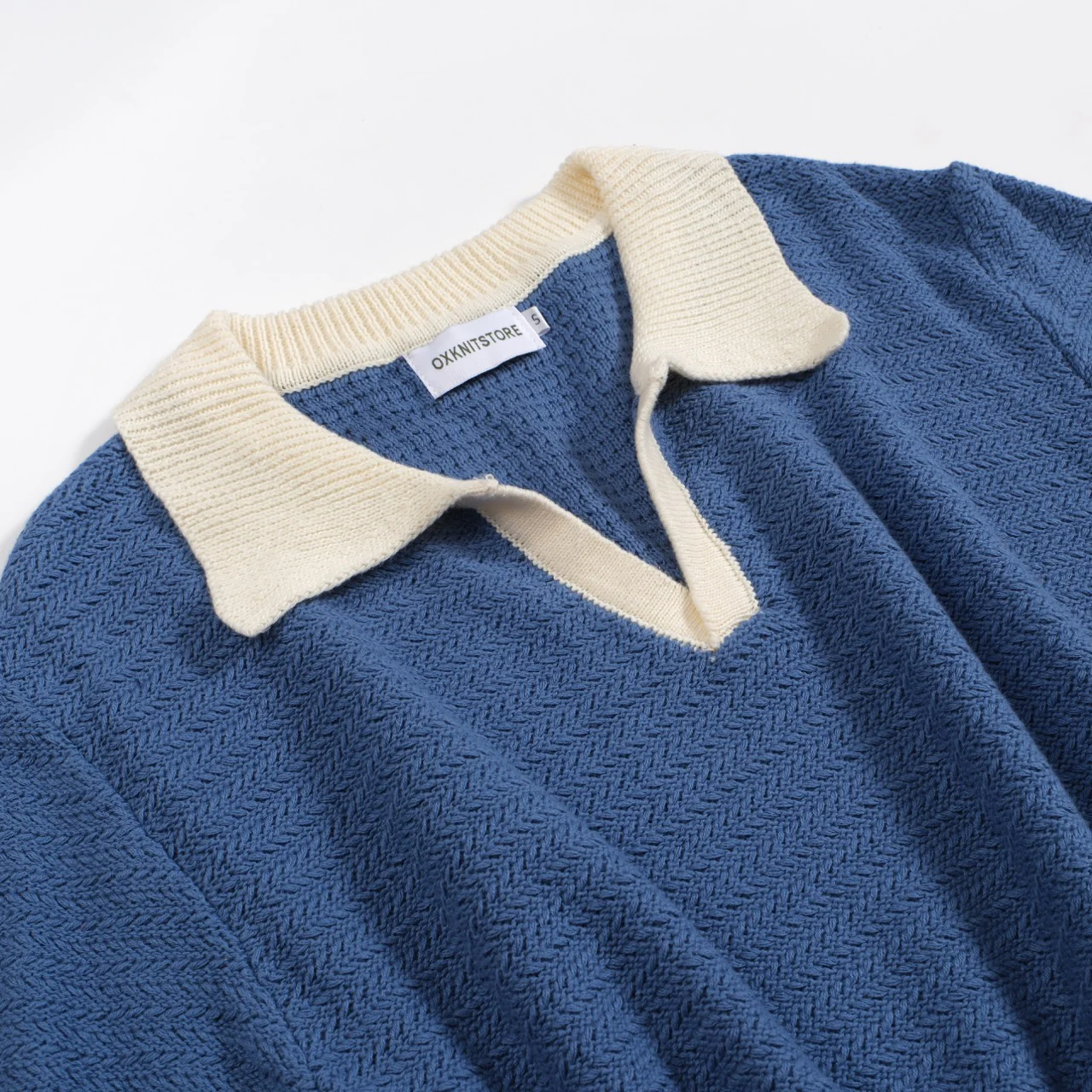 Men's 70s Knit Polo Shirt – Wide Collar Retro Short Sleeve in Navy Blue - Image 9