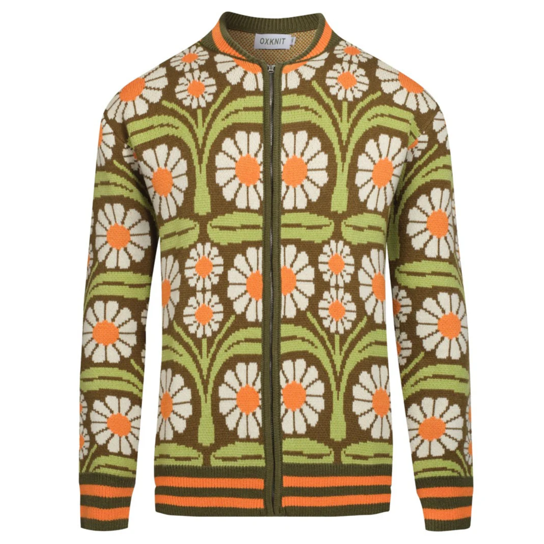 Men's Olive Green Daisy Zip-Up Knit Cardigan