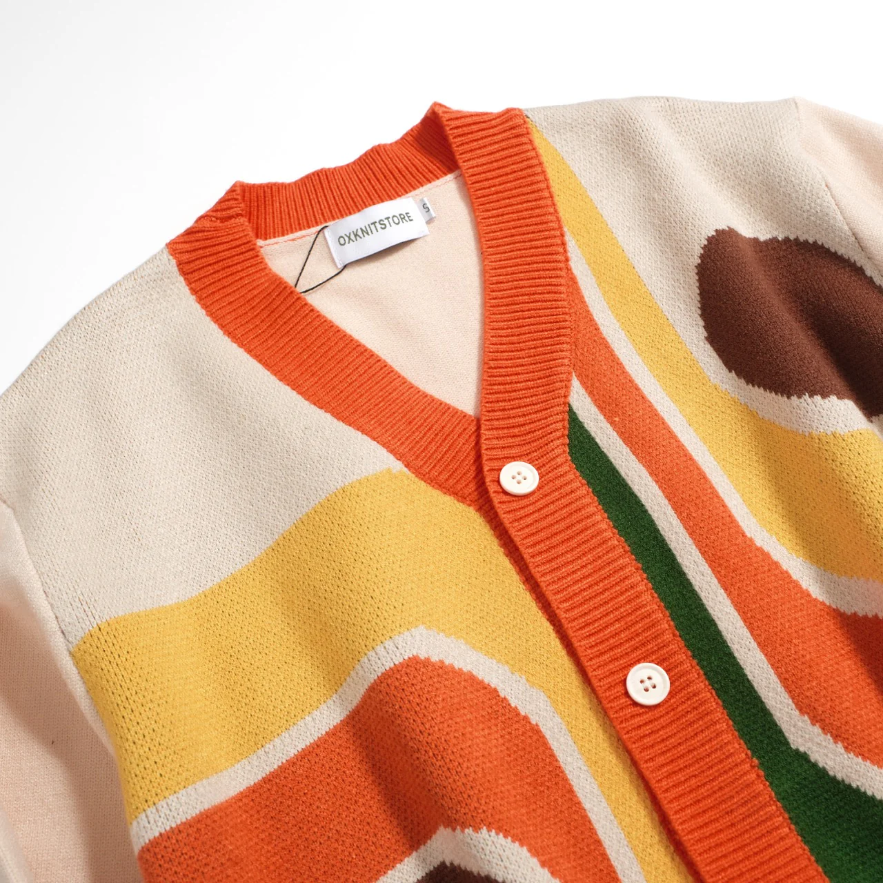 Men’s Retro 1970s Knit Cardigan – Vintage Cream with Multicolor Geometric Print - Image 9