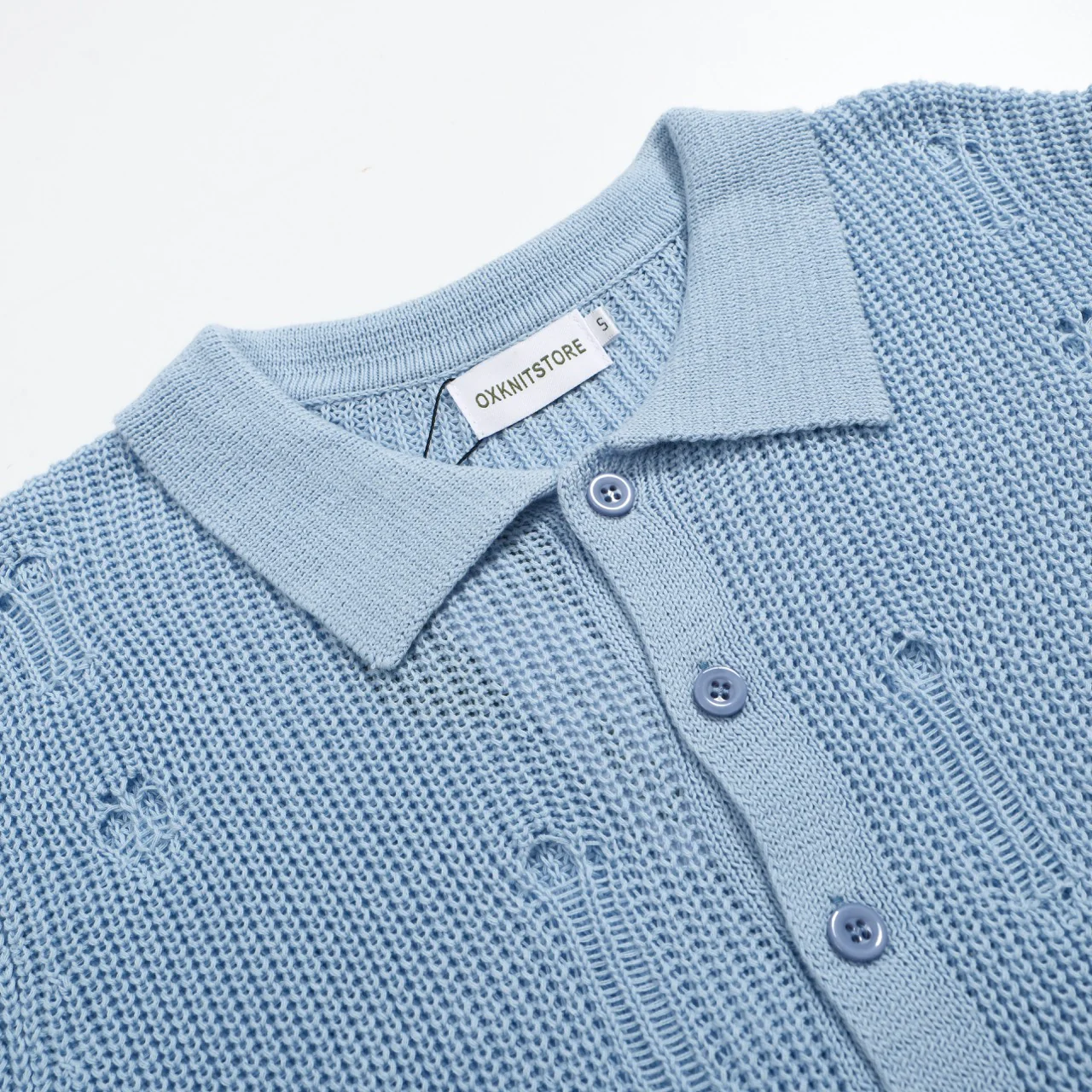 Men’s Retro Distressed Knit Shirt – Vintage Sky Blue Button-Up with Raw Edges - Image 5