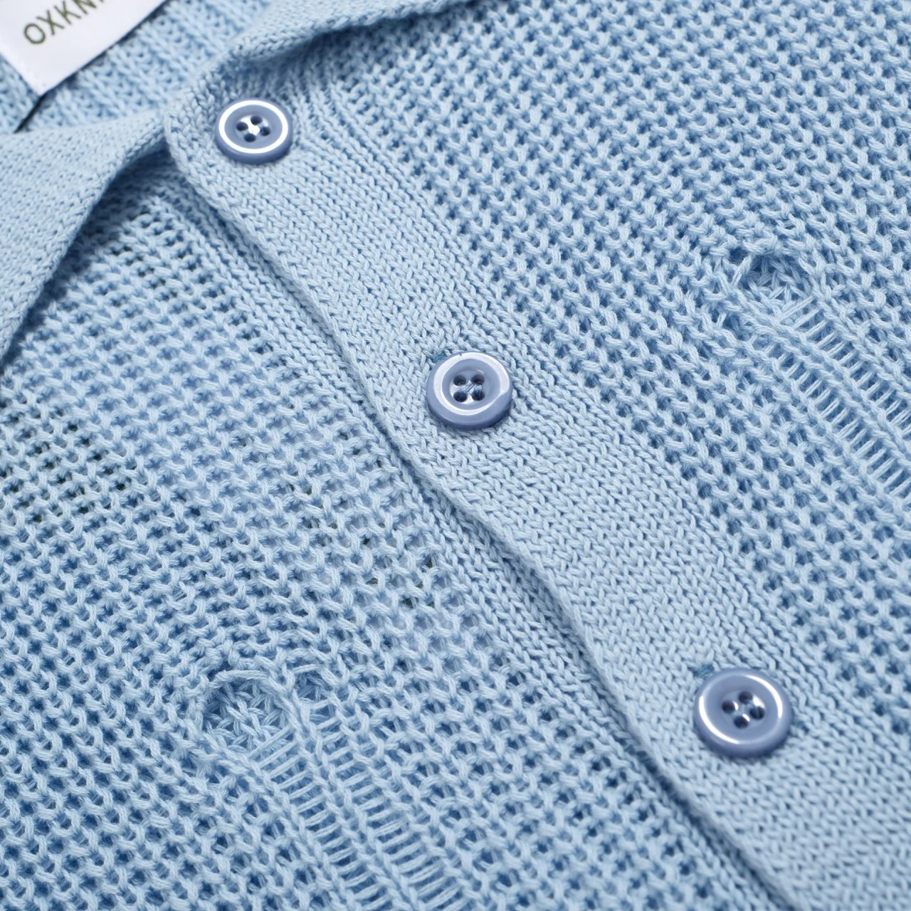 Men’s Retro Distressed Knit Shirt – Vintage Sky Blue Button-Up with Raw Edges - Image 6