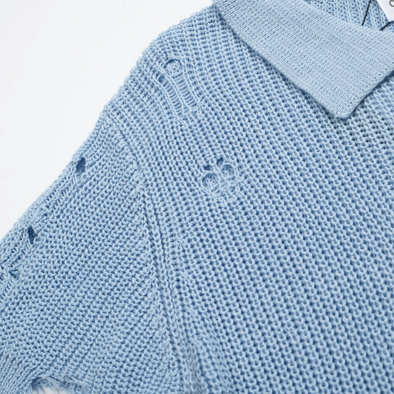 Men’s Retro Distressed Knit Shirt – Vintage Sky Blue Button-Up with Raw Edges - Image 7