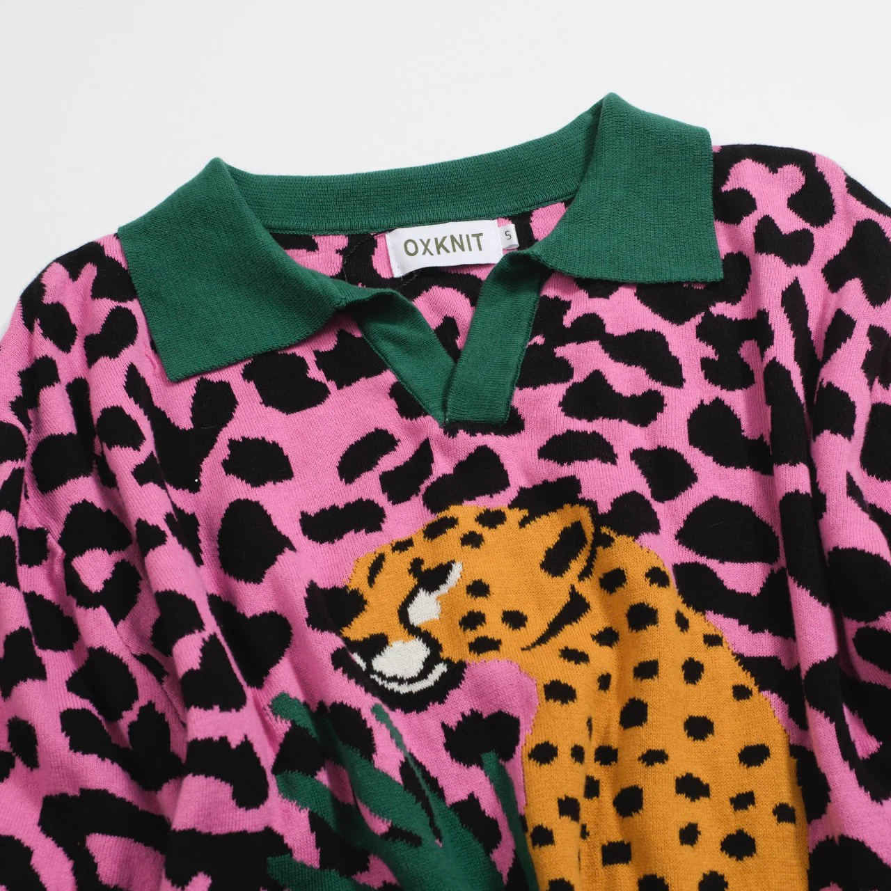 Men's Retro Knit Polo – Vintage Pink Leopard Print with Cheetah Graphic - Image 9