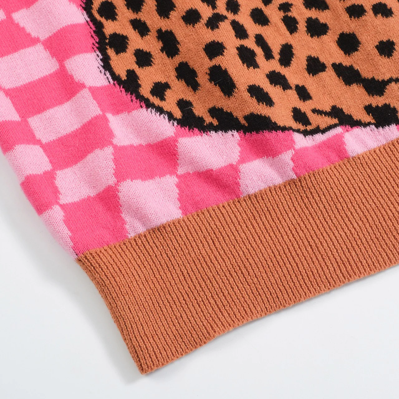 Men's Retro Knit Polo – Vintage Pink Checkerboard with Leopard Graphic - Image 6