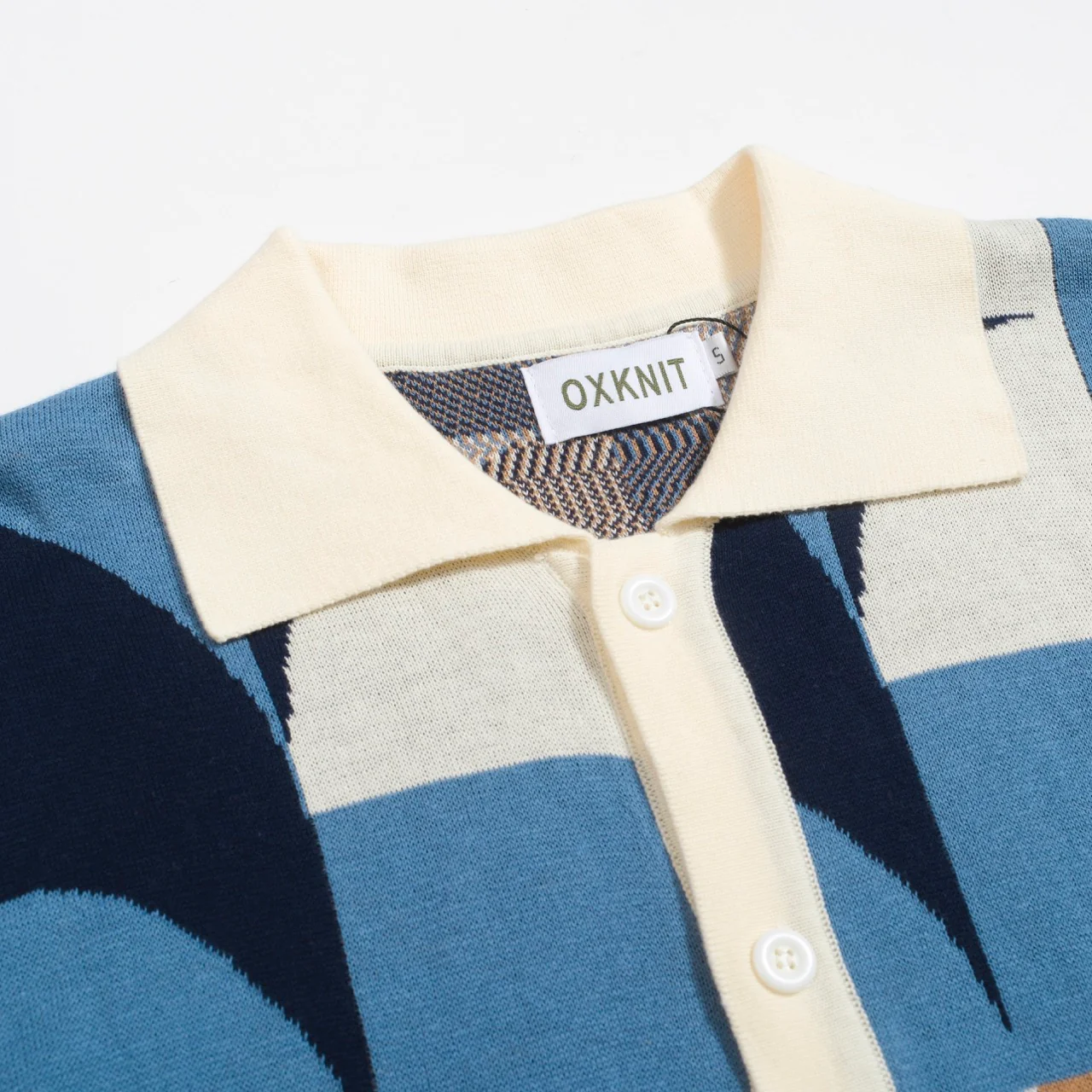 Men's Retro Knit Shirt – Vintage Blue Geometric Button-Up Polo - Image 4