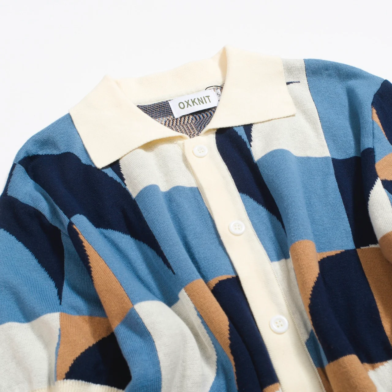 Men's Retro Knit Shirt – Vintage Blue Geometric Button-Up Polo - Image 8
