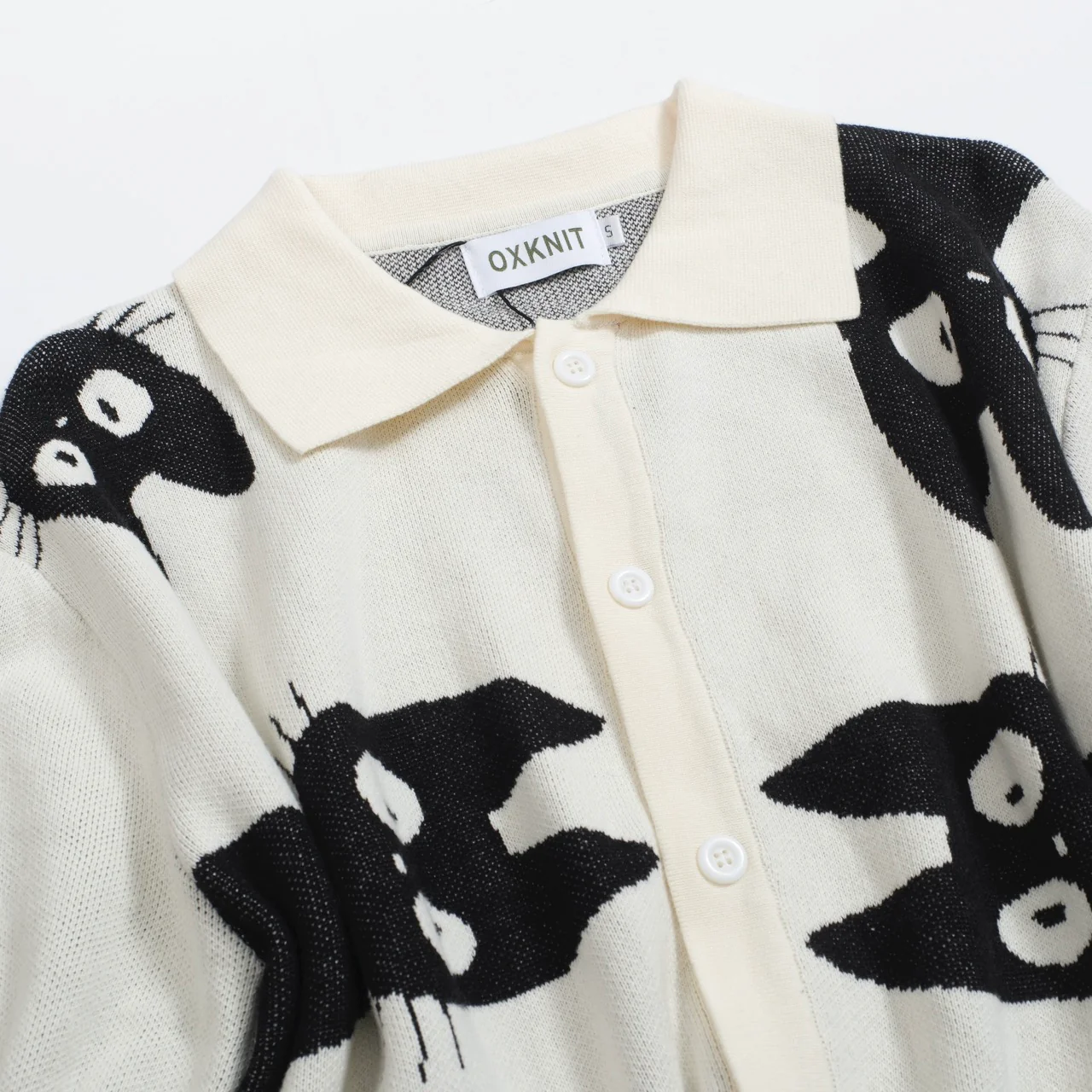Men’s Retro Knit Shirt – Vintage Cream Button-Up with Black Cat Graphic - Image 9