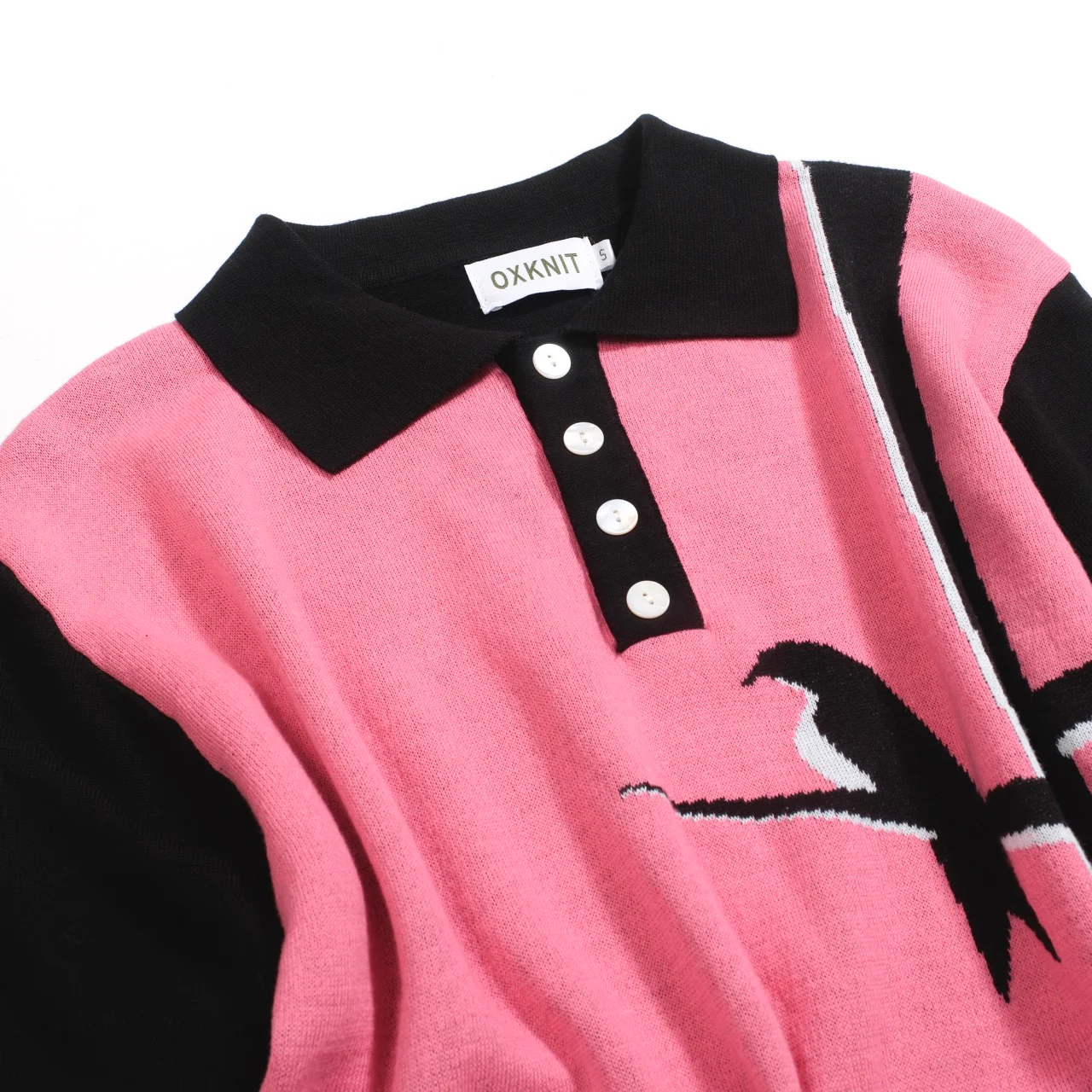 Men’s Retro Knit Shirt – Vintage Pink Button-Up Polo with Bird & Sunset Graphic - Image 9