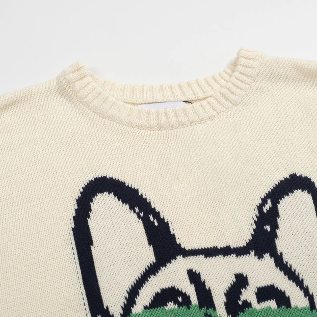Men’s Retro Knit Sweater – Vintage Cream Pullover with French Bulldog & Glasses Graphic - Image 4