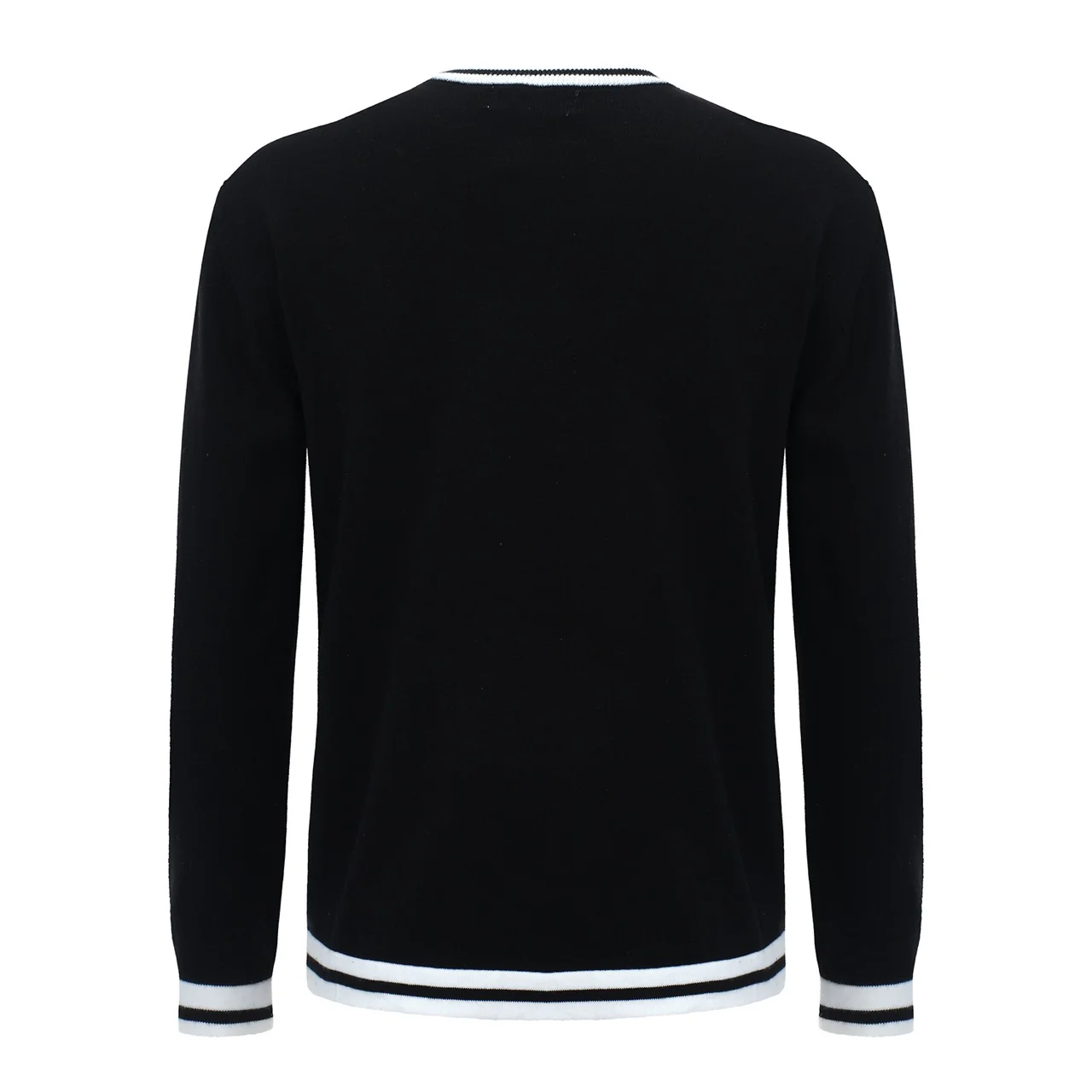 Men’s Retro Varsity Knit Sweater – Vintage Black with White Striped Trim - Image 8