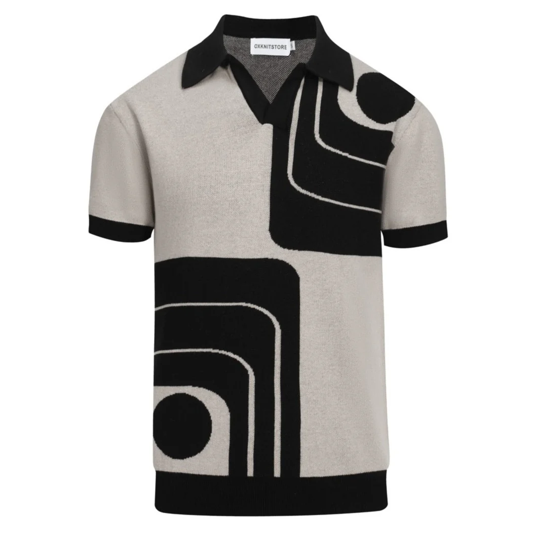 Men’s Vintage 1960s MOD Knit Polo Shirt – Retro Black & Gary Geometric Pattern