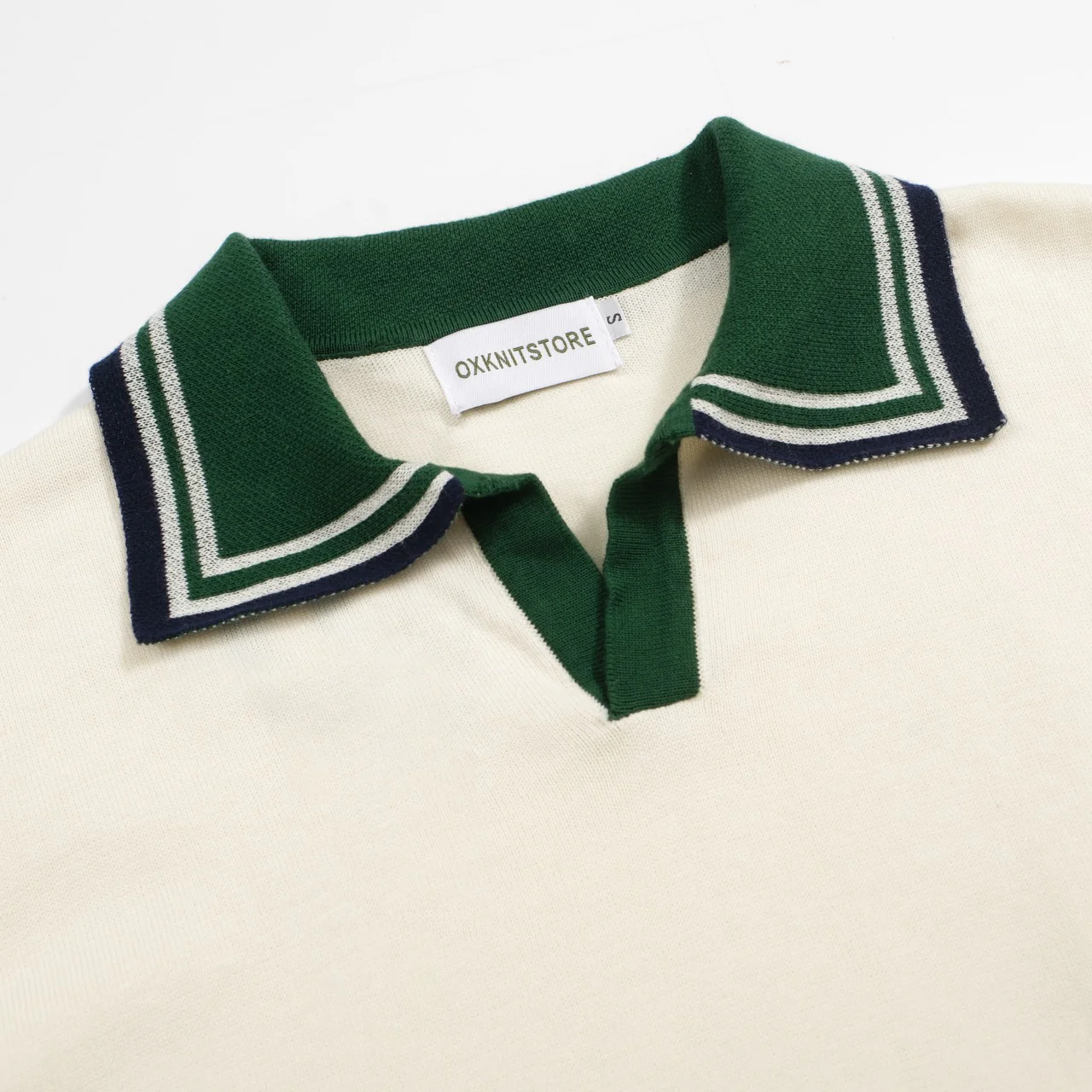 Men’s Vintage 1970s Knit Polo Shirt – Retro Cream with Green Striped Collar and Trim - Image 4