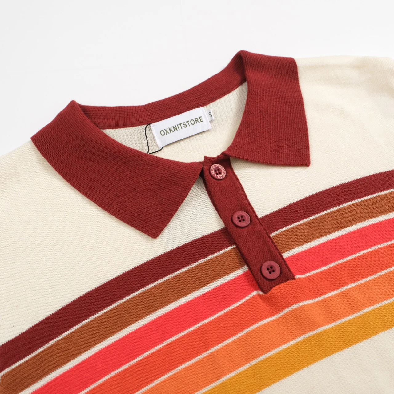 Men’s Vintage 1970s Knit Polo Shirt – Retro Cream with Sunset Stripe Design - Image 4