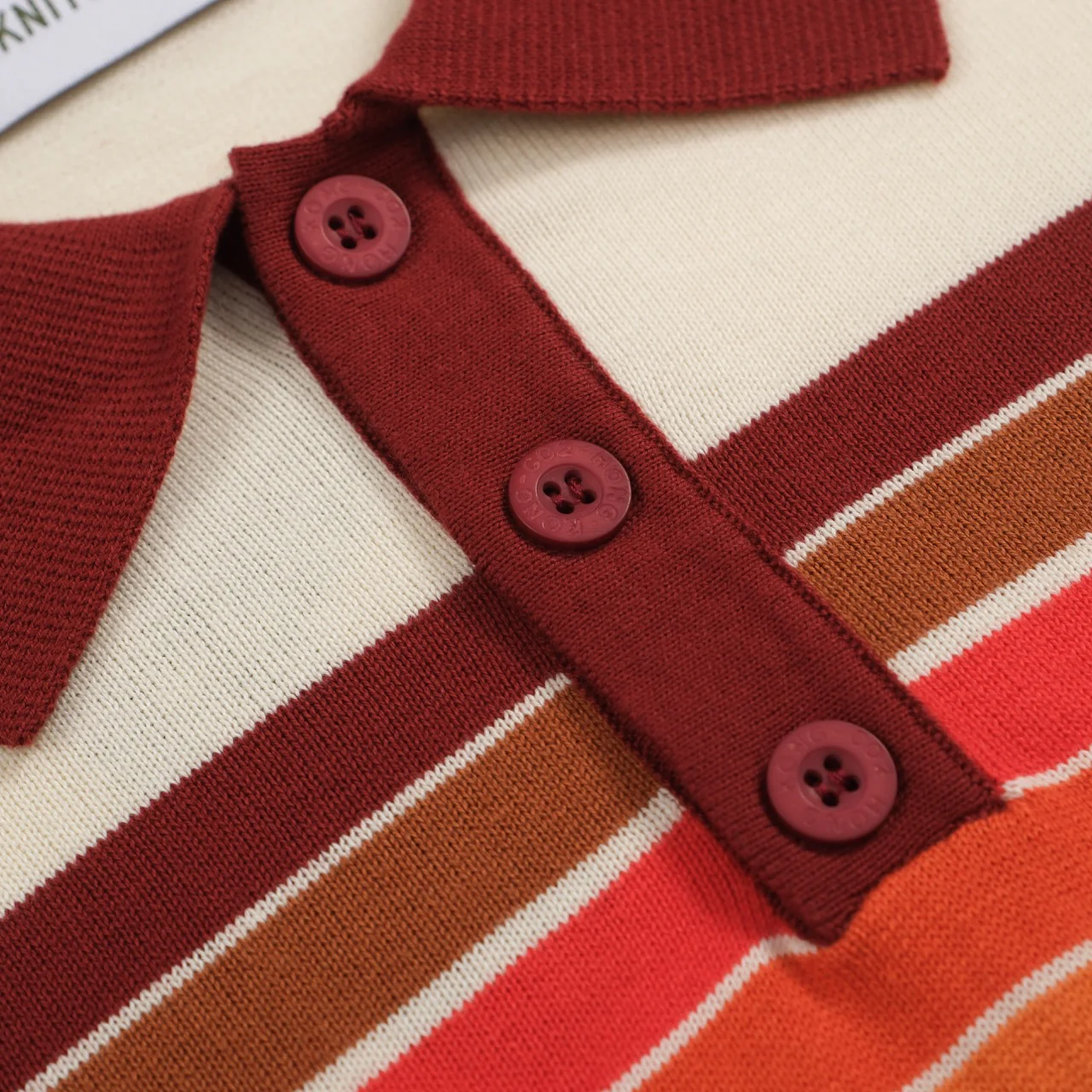 Men’s Vintage 1970s Knit Polo Shirt – Retro Cream with Sunset Stripe Design - Image 5