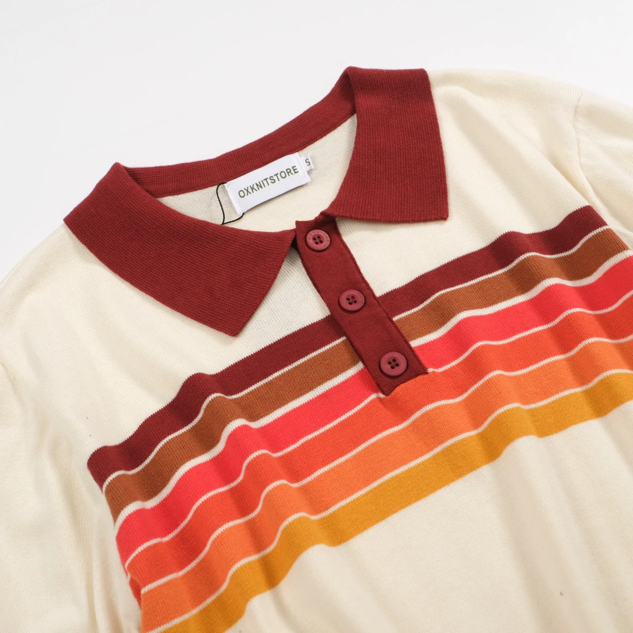 Men’s Vintage 1970s Knit Polo Shirt – Retro Cream with Sunset Stripe Design - Image 9
