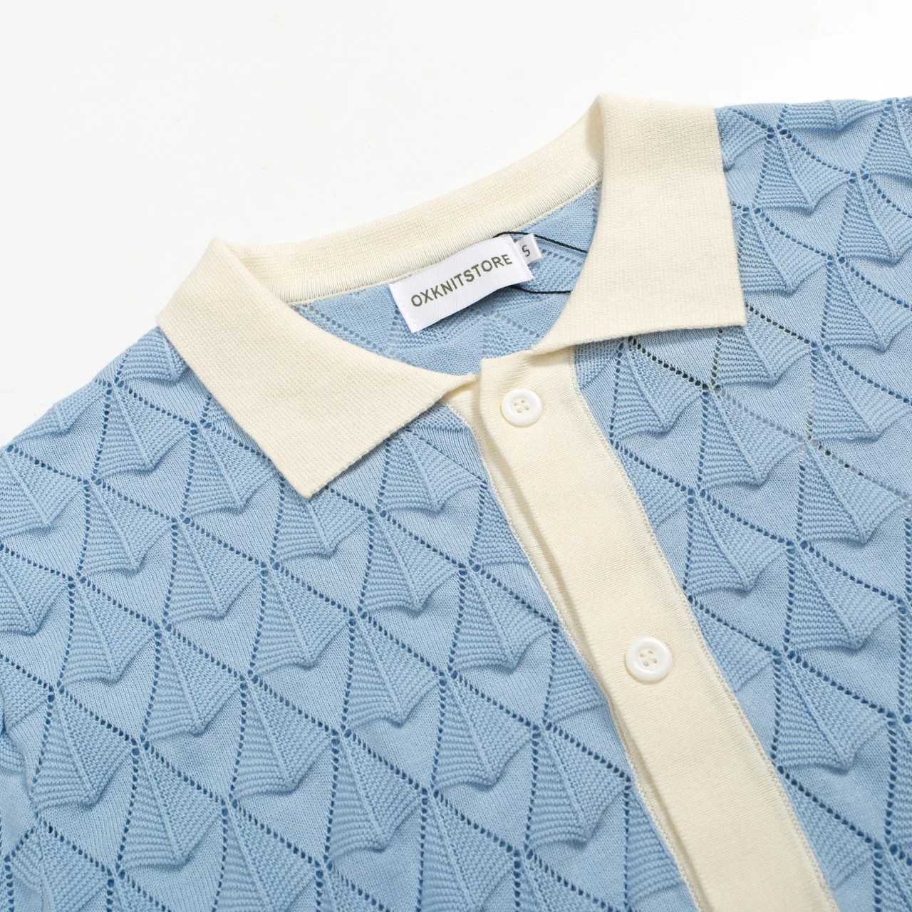 Men’s Vintage 1970s Knit Shirt – Retro Sky Blue Button-Up with Cream Trim - Image 4