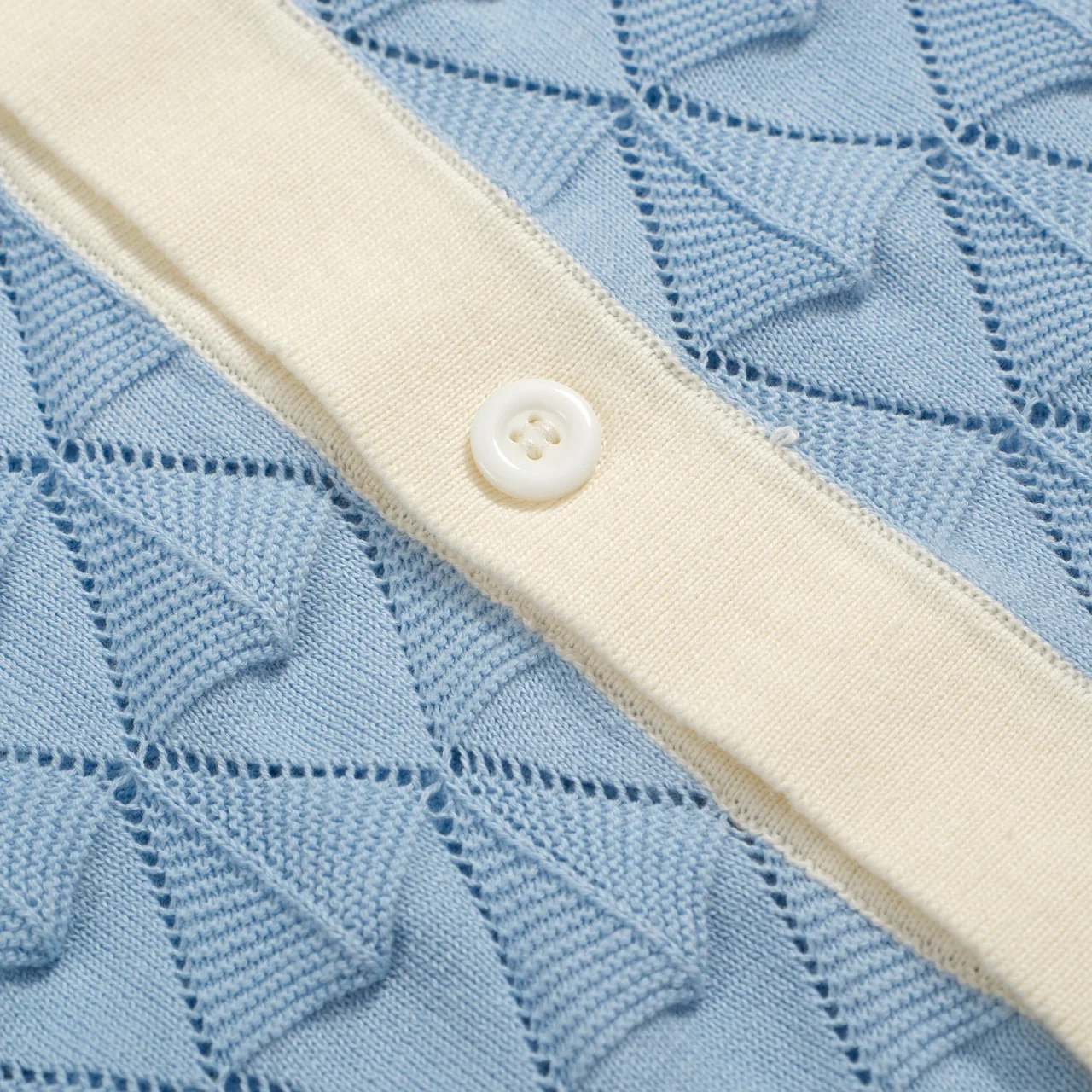 Men’s Vintage 1970s Knit Shirt – Retro Sky Blue Button-Up with Cream Trim - Image 5