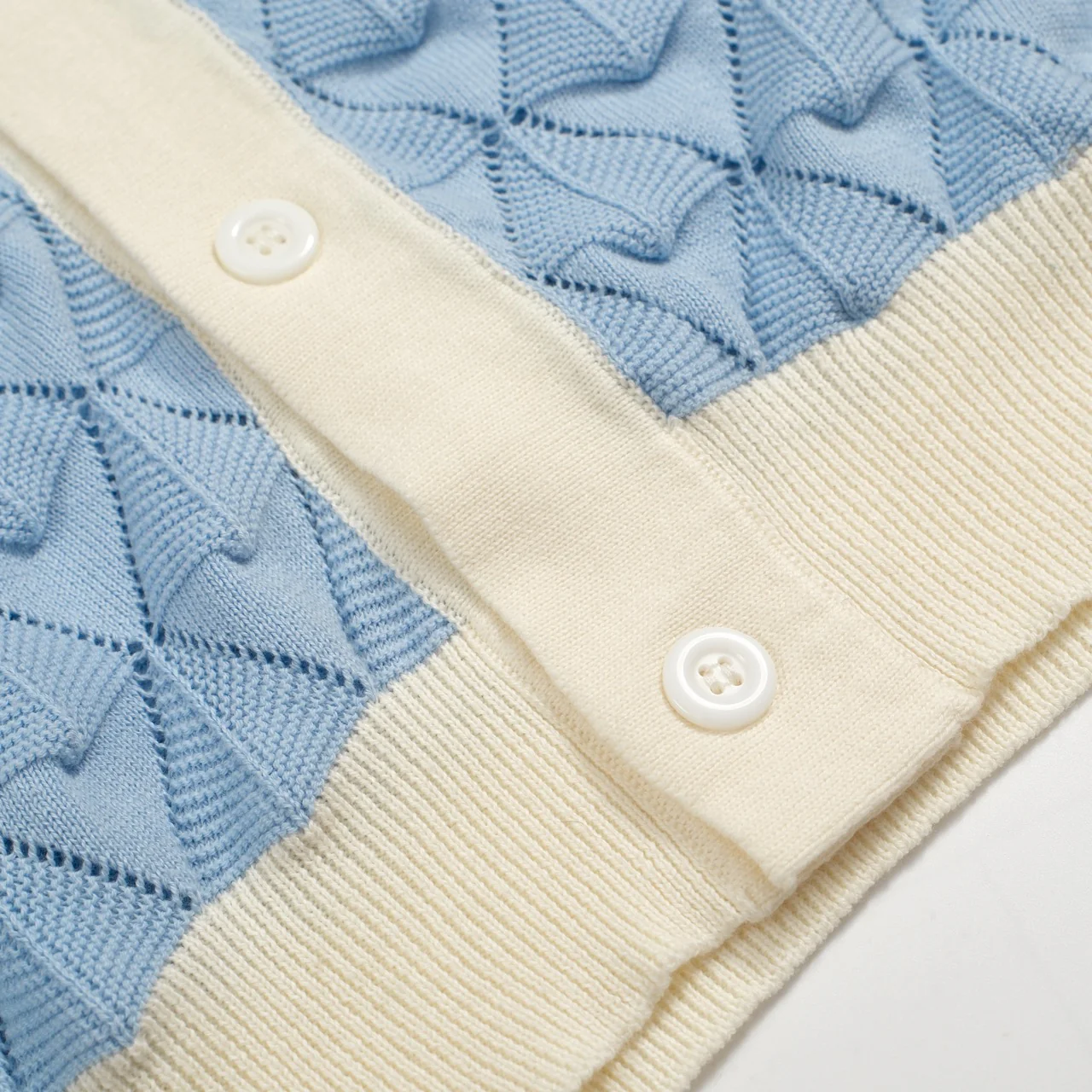 Men’s Vintage 1970s Knit Shirt – Retro Sky Blue Button-Up with Cream Trim - Image 7