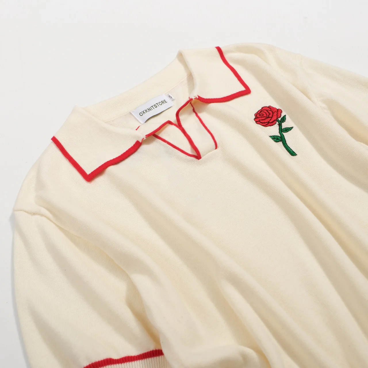 Men’s Vintage Knit Polo – Retro Cream Button-Up with Rose Embroidery - Image 10