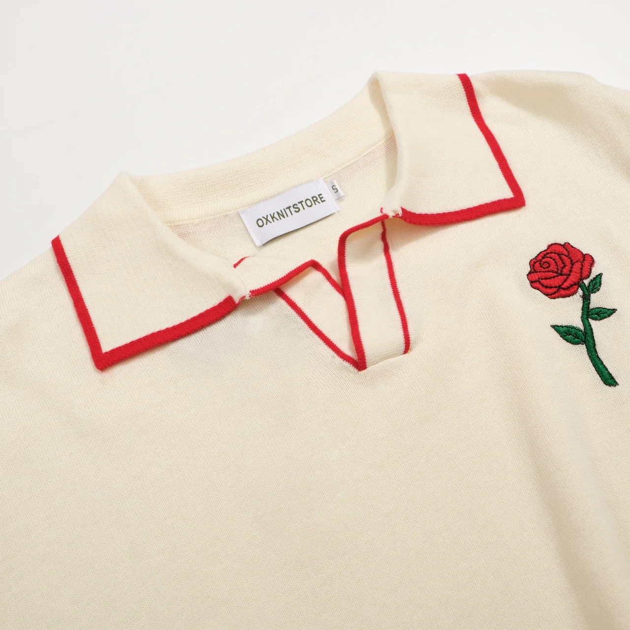 Men’s Vintage Knit Polo – Retro Cream Button-Up with Rose Embroidery - Image 2