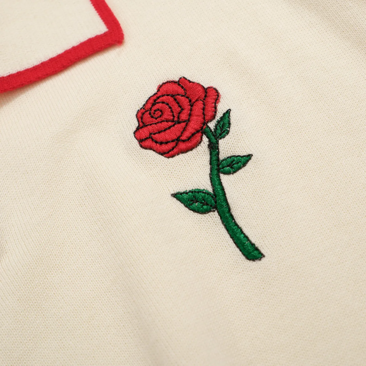 Men’s Vintage Knit Polo – Retro Cream Button-Up with Rose Embroidery - Image 3