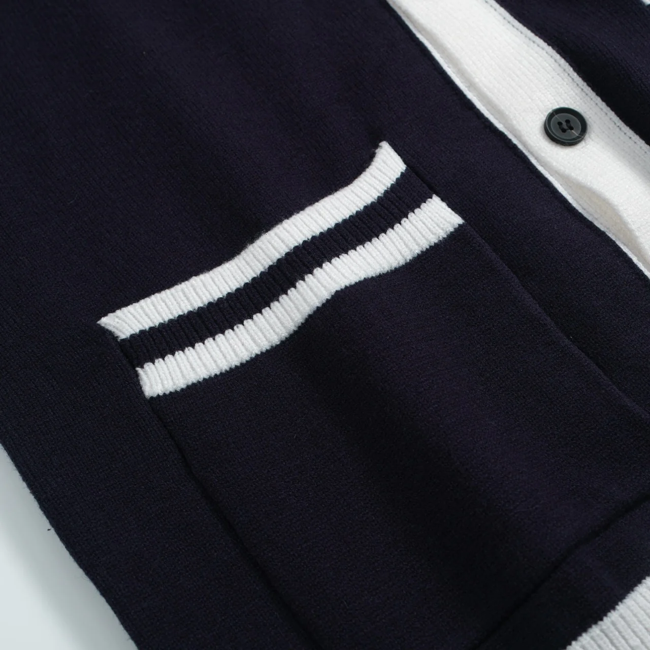 Men’s Vintage Navy Cardigan – Retro Contrast Trim Knit with Deep V-Neck - Image 5
