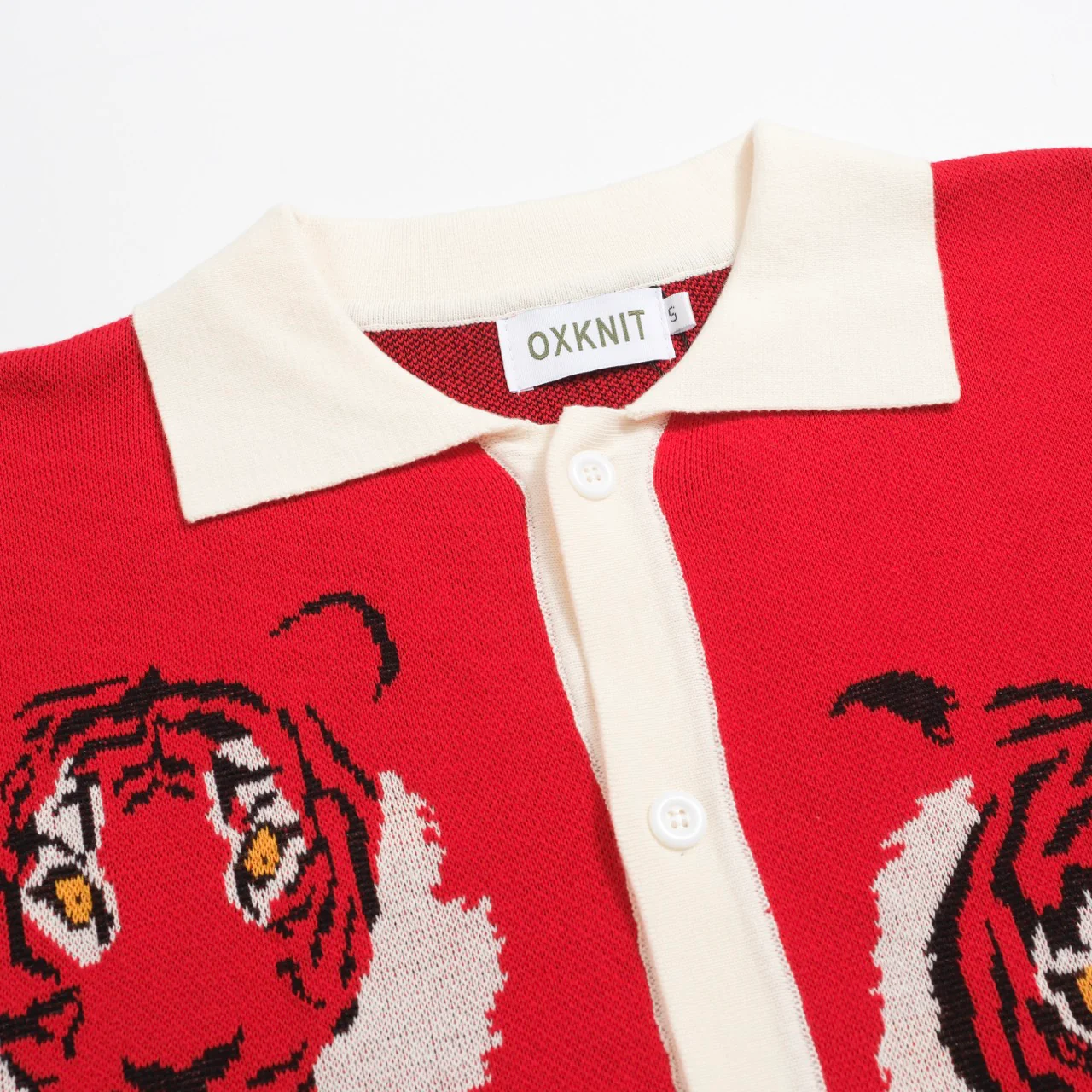 Men's Vintage Red Knit Shirt – Retro Tiger Graphic Button-Up Polo - Image 4