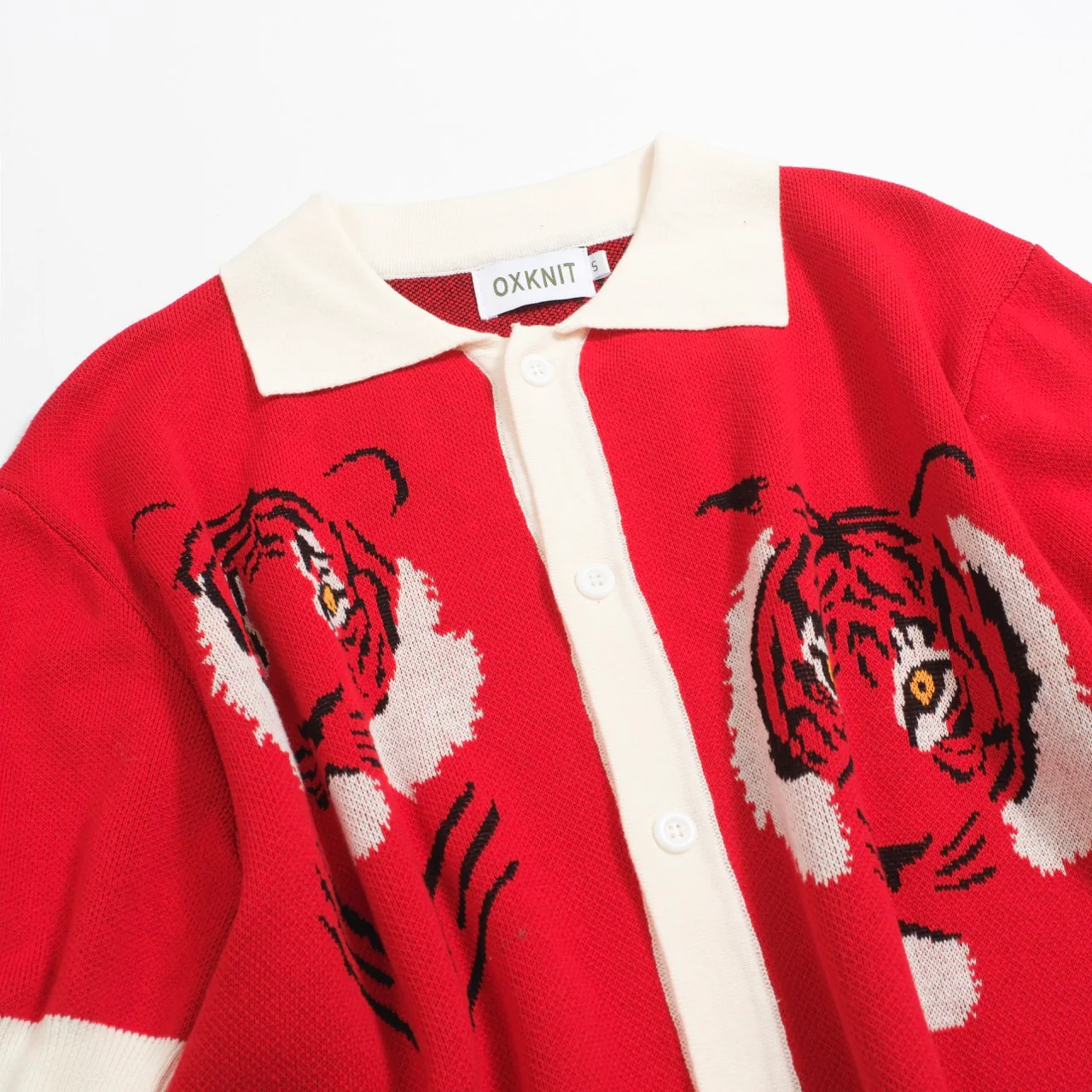 Men's Vintage Red Knit Shirt – Retro Tiger Graphic Button-Up Polo - Image 8