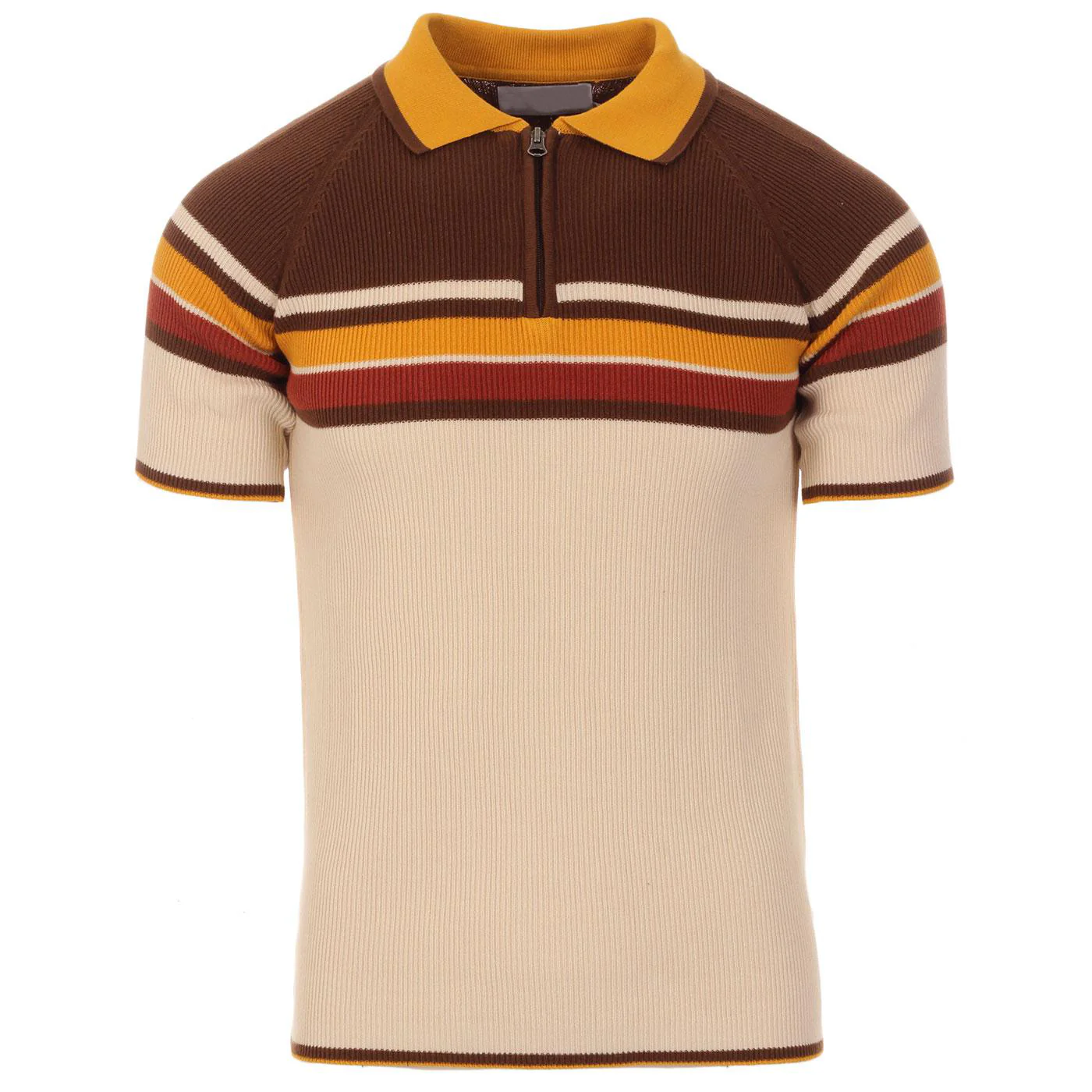 Men's Vintage Warm Stripe Zip Polo – 70s Inspired Knit Shirt in Earth Tones