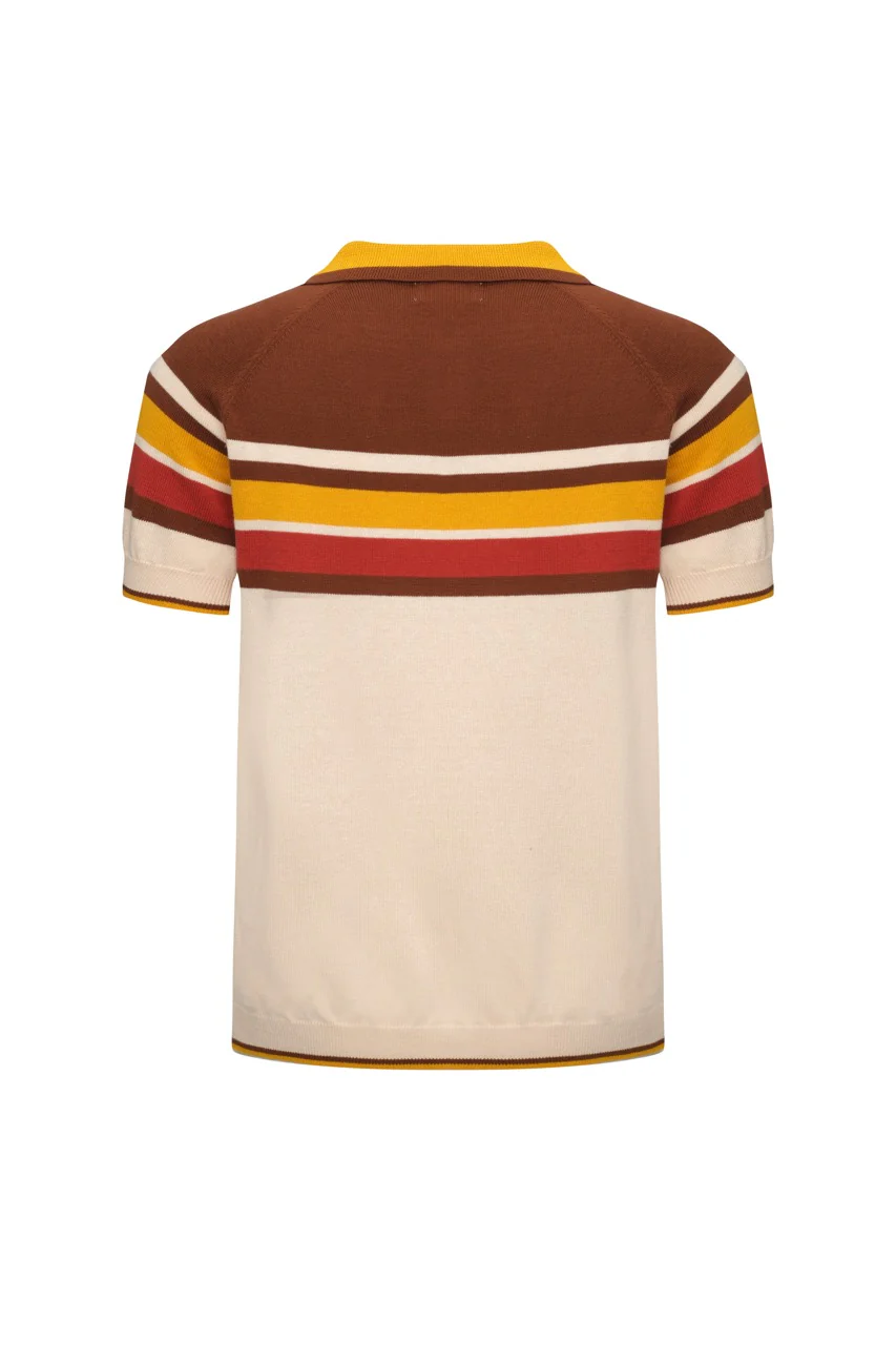 Men's Vintage Warm Stripe Zip Polo – 70s Inspired Knit Shirt in Earth Tones - Image 8