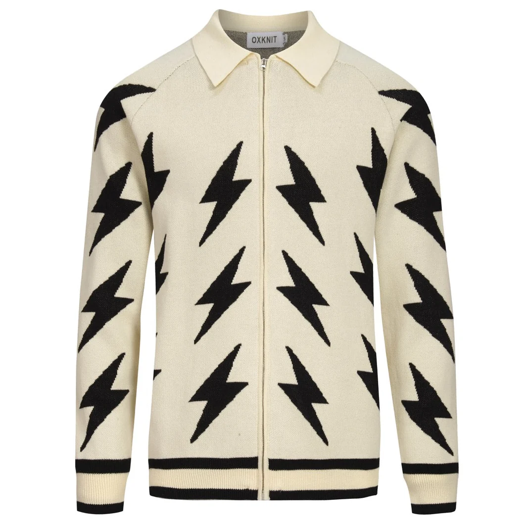 Men's Apricot Classic Retro Lightning Jacquard Knitted Cardigan