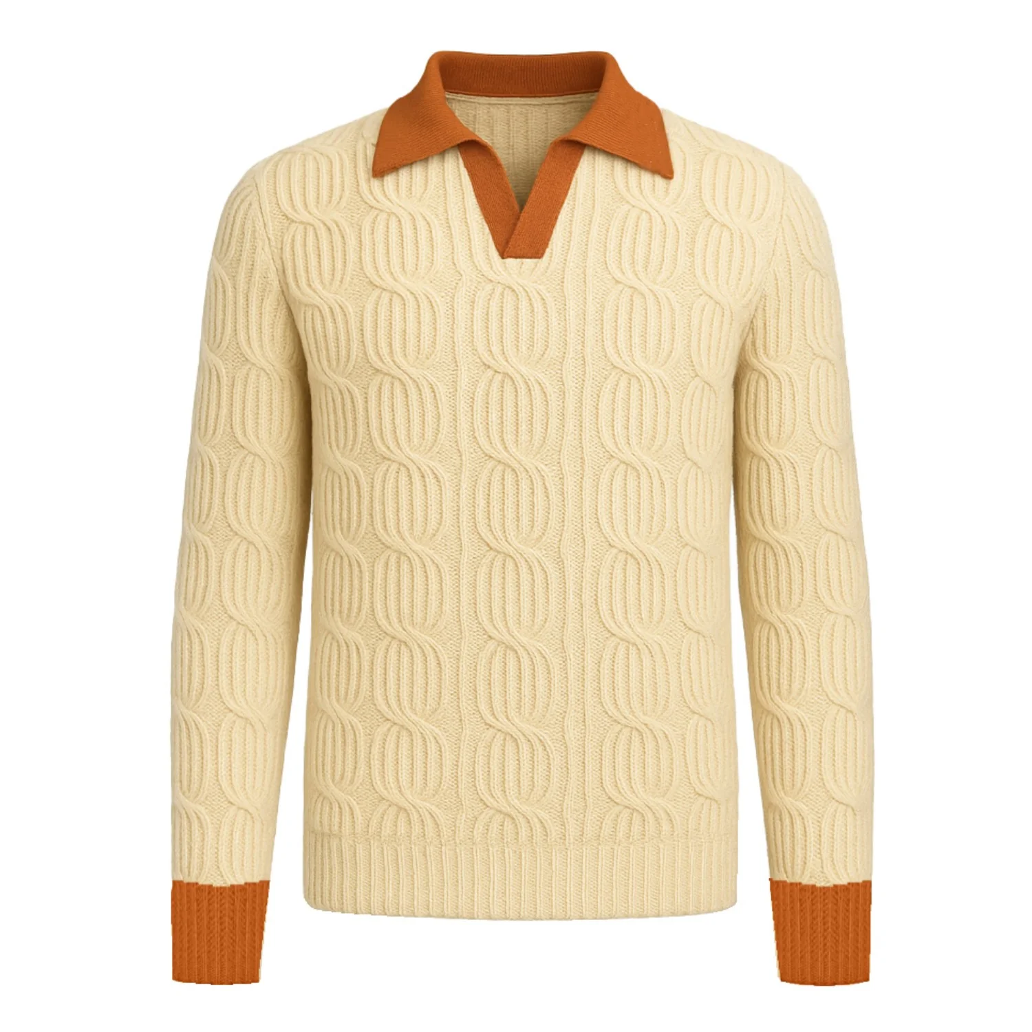 Men's apricot retro texture V-neck knitwear