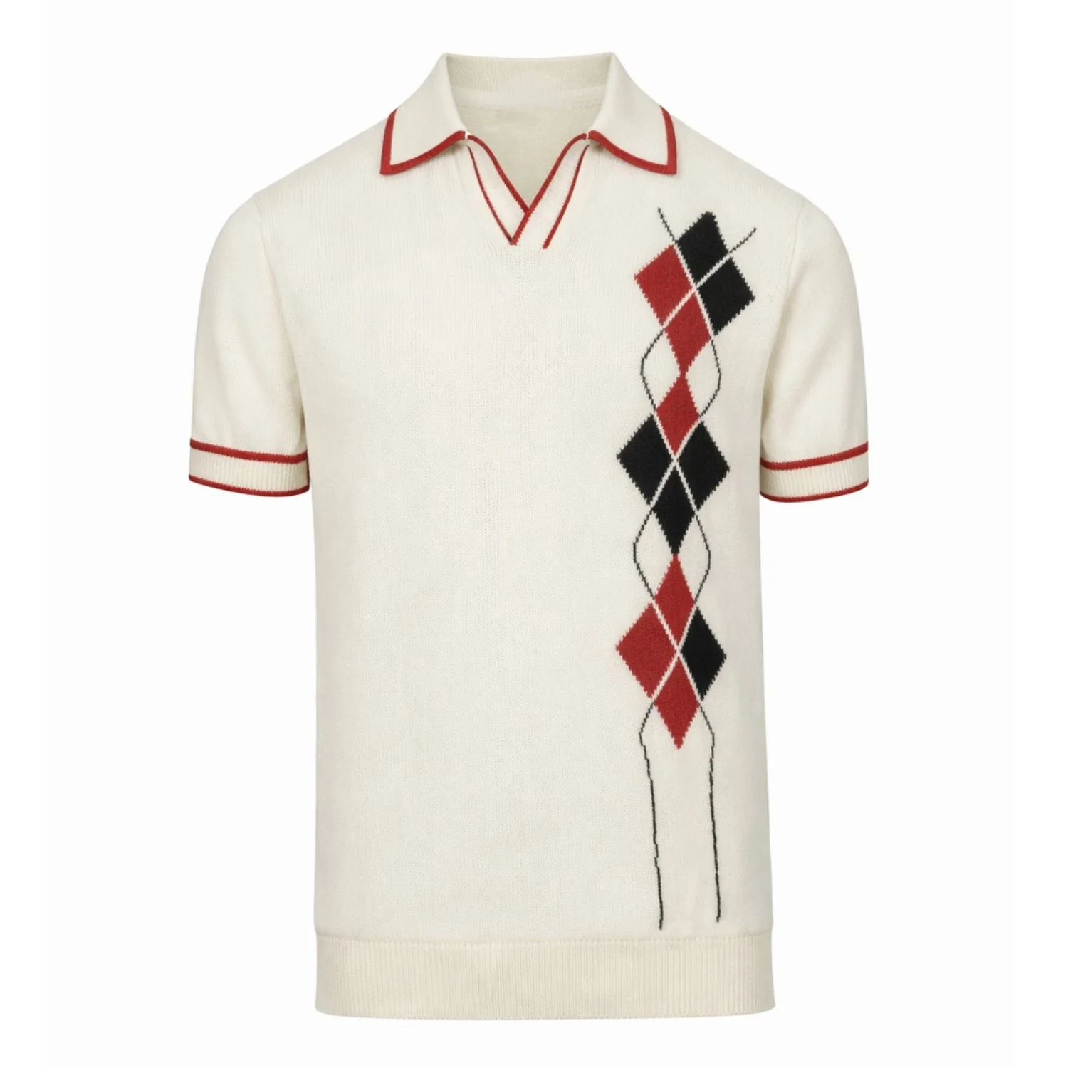 Men's apricot-white diamond-shaped knitted V-neck polo