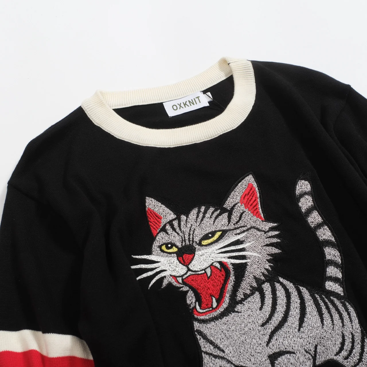 Men's black animal cat embroidered knitted T-shirt - Image 8