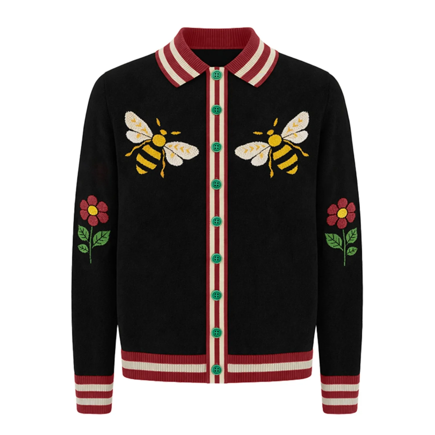 Men's Black Bee Patterned Artistic Retro Design Jacquard Knitted Cardigan