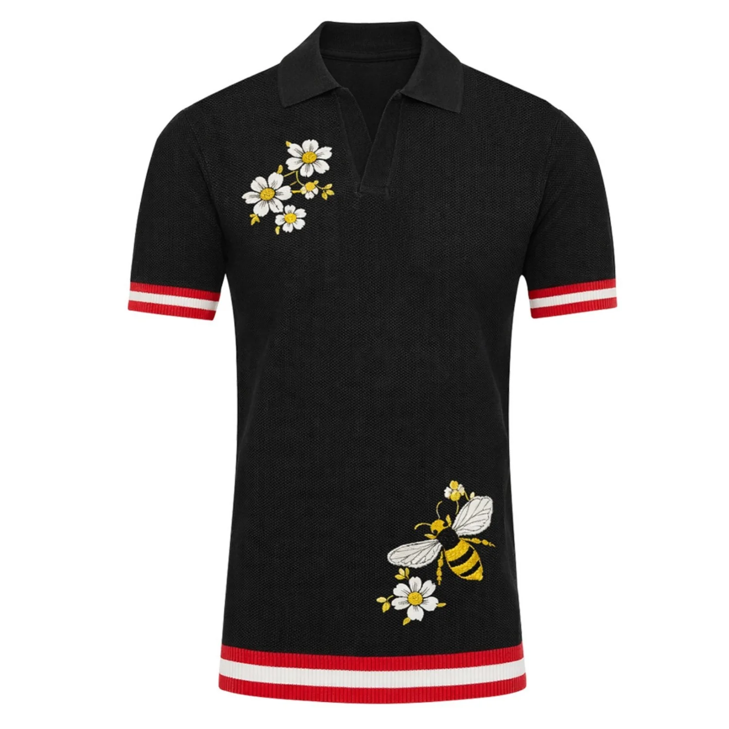 Men's black retro bee-embroidered short-sleeved V-neck polo