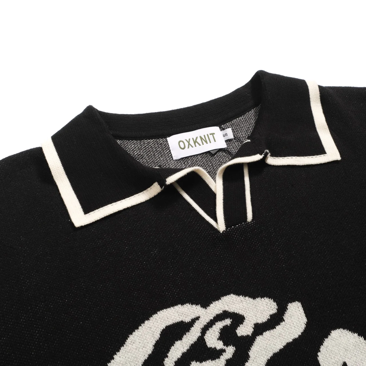 Men's black rose jacquard vintage V-neck knitted polo shirt - Image 4