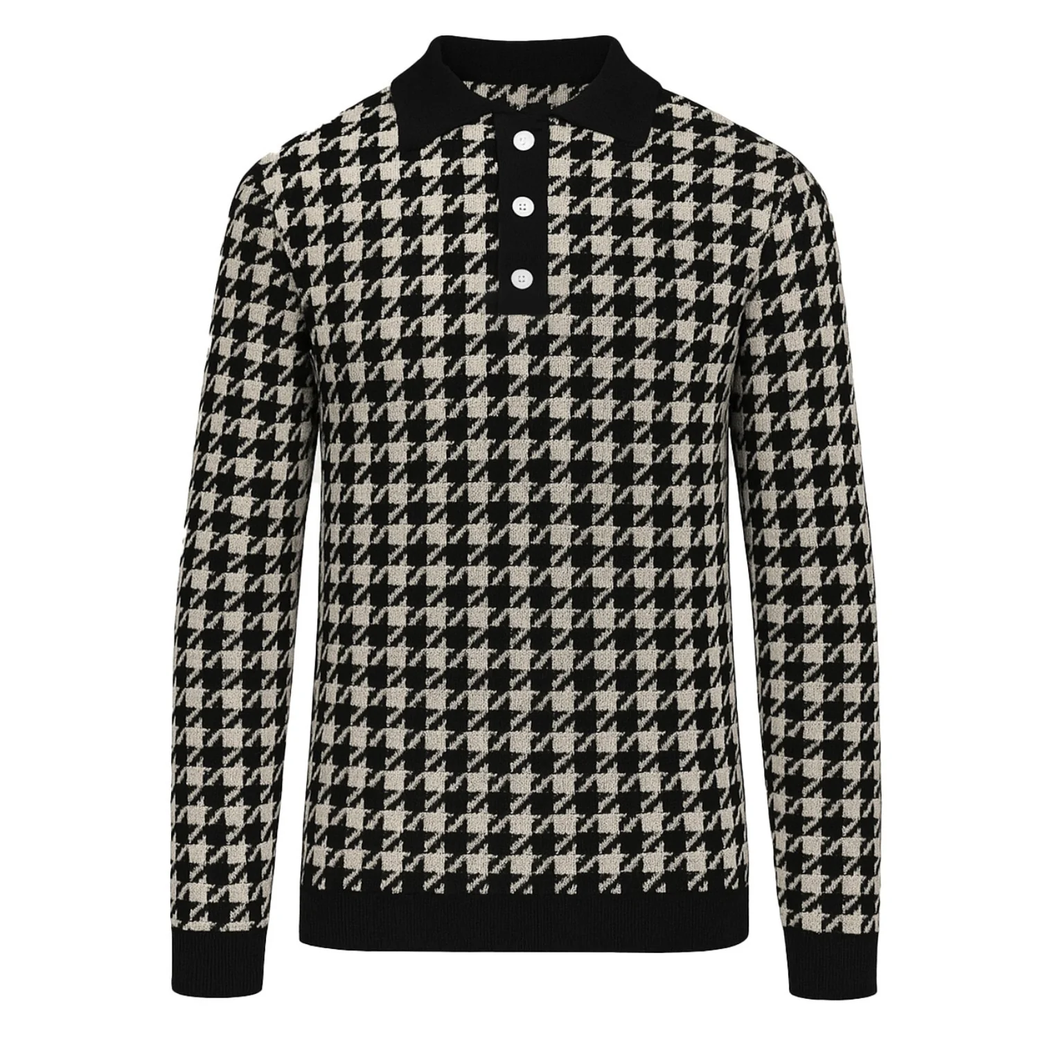 Men's black vintage art jacquard knitted polo shirt