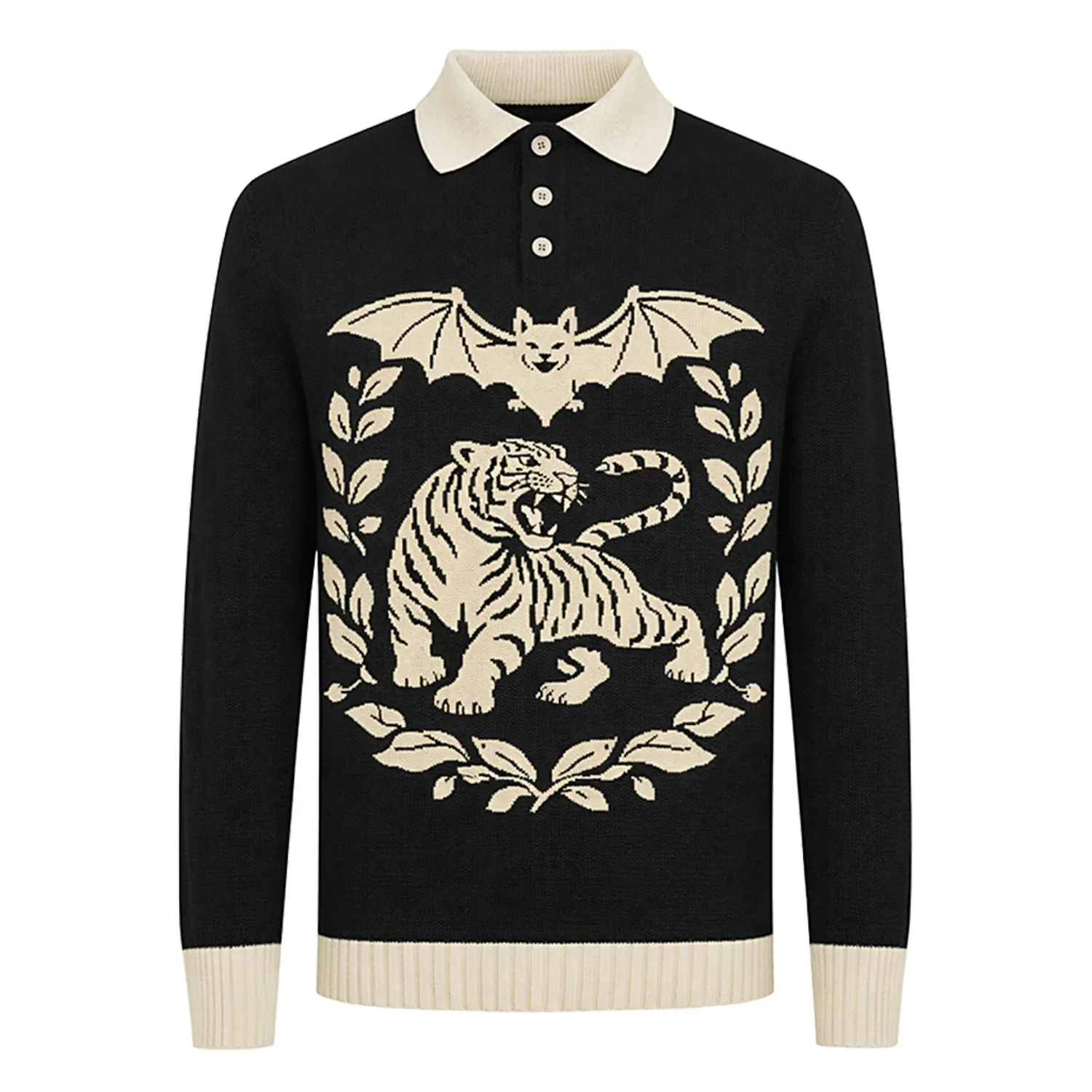 Men's black vintage casual Tiger Bat Jacquard knit polo