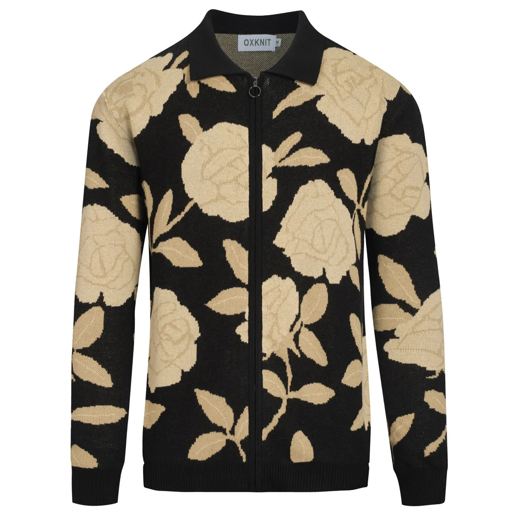 Men's black vintage jacquard knit zipper cardigan