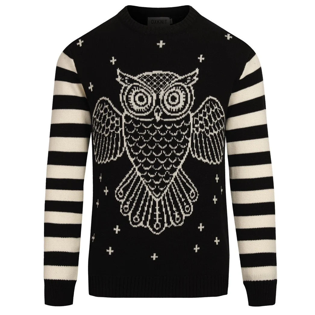 Men's black vintage striped owl jacquard knitwear