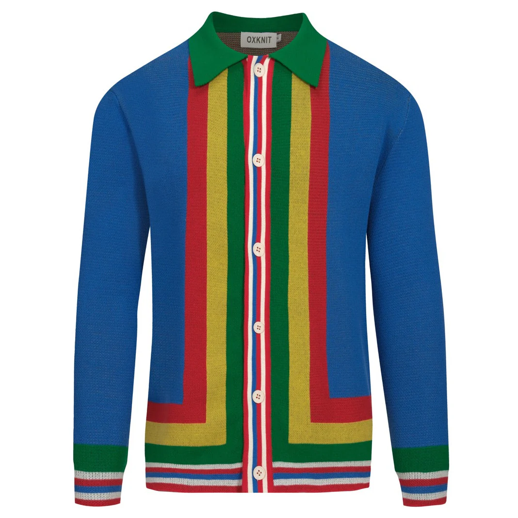 Men's Blue Art Retro Stripes Classic Jacquard Cardigan