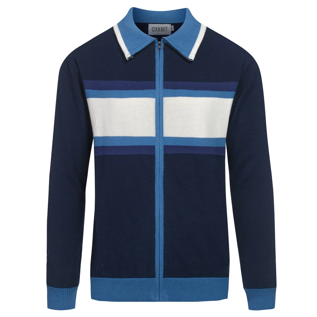 Men's blue art vintage jacquard striped knitted cardigan