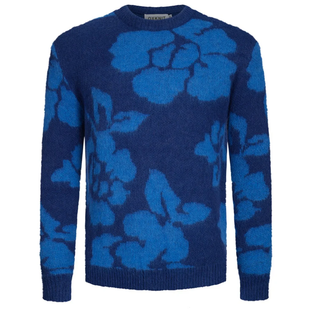 Men's blue floral jacquard plush vintage sweater