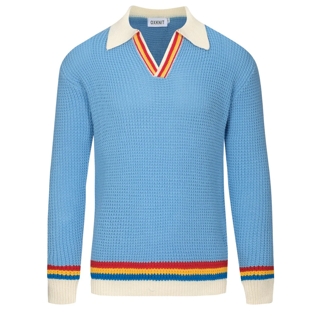 Men's blue preppy V-neck knitted polo shirt