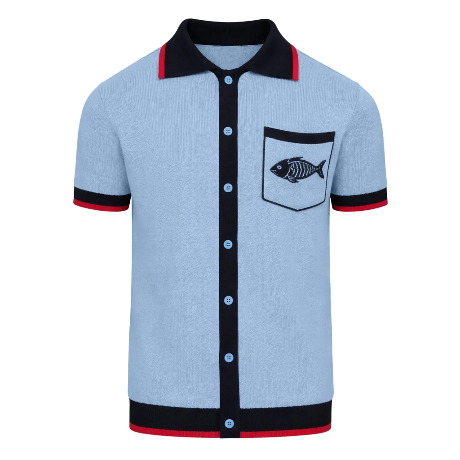 Men's Blue Retro Art Fish Embroidery Knitted Cardigan